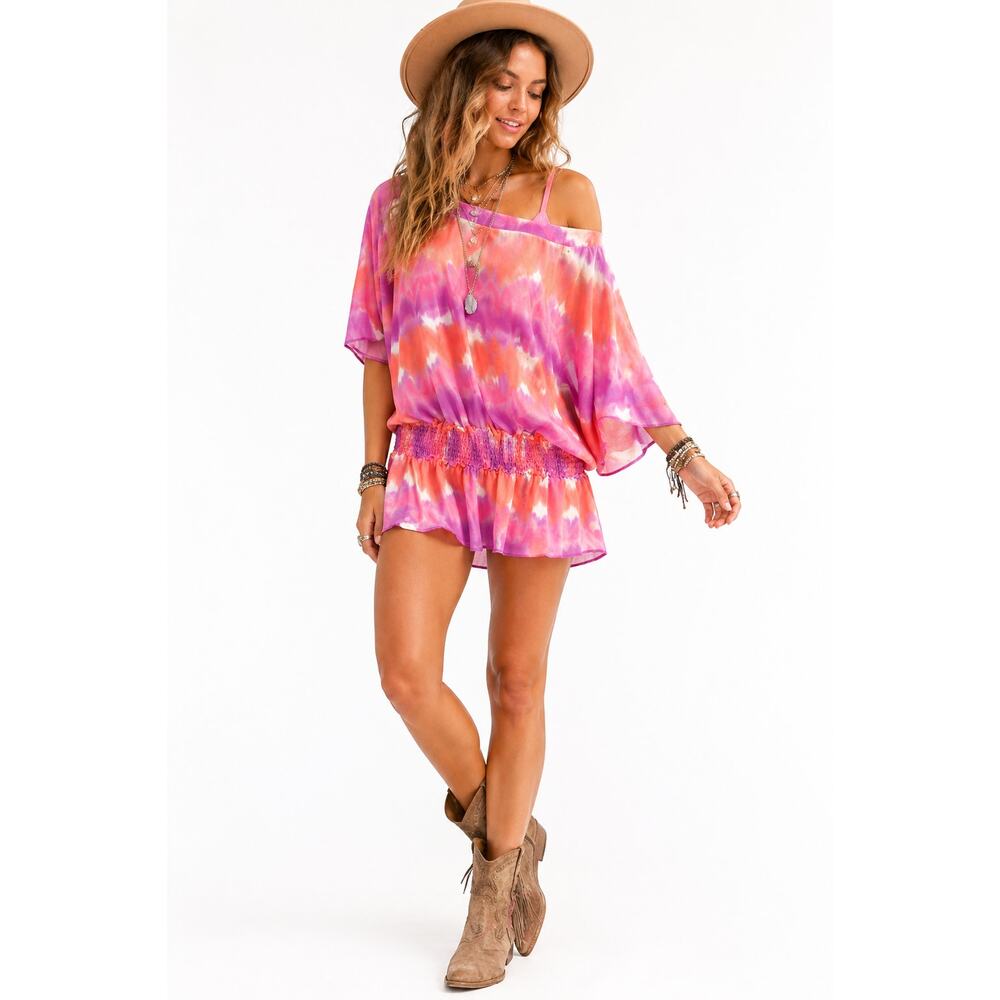 W Swim Tie Dye Off Shoulder Swim Cover Up Dress Pink Orange Boho Resort Beach Sm